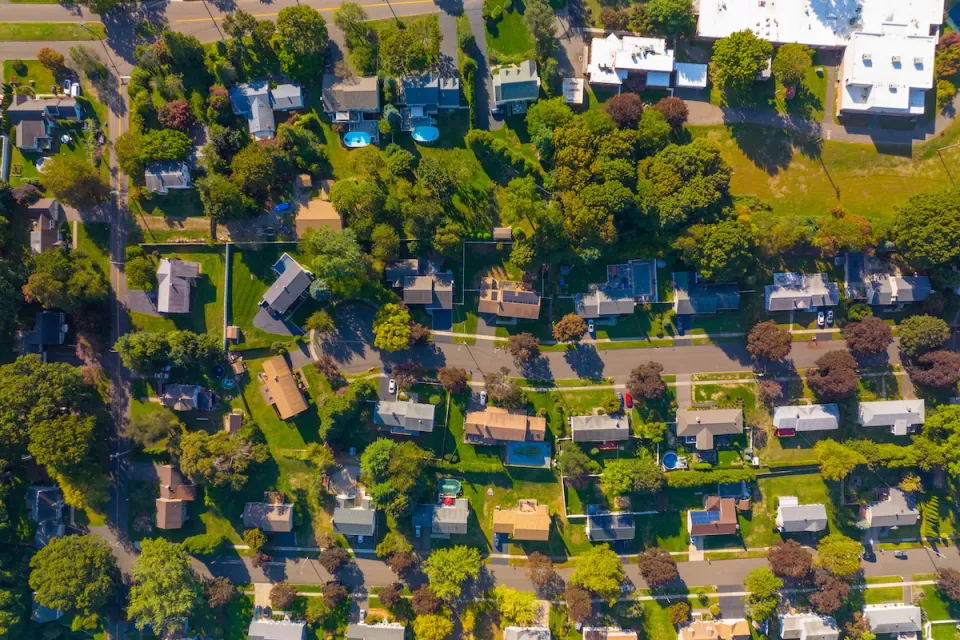 Bird's eye view of historic single-family home neigthborhood in Stratford, Connecticut.